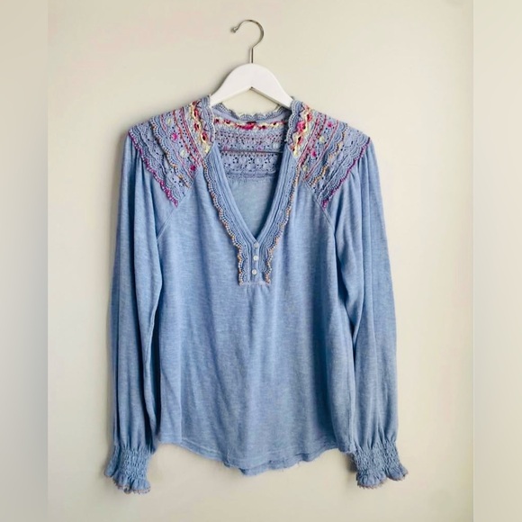 Free People Tops - Free People Spring Fiesta Siesta Blue Blouse with Bohemian Embroidery
